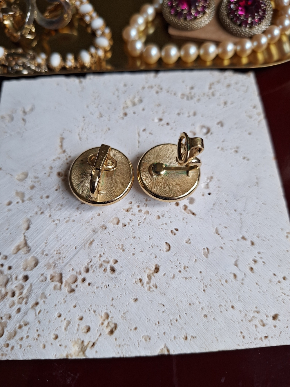 Trifari Vintage Classic Gold-Trim White Dome Stud Earrings - Picture 4 of 6